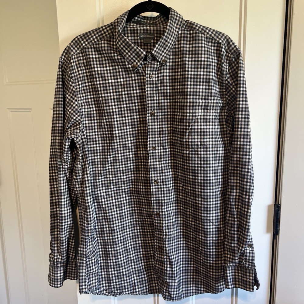 Eddie Bauer Shirt Checkered Black White Gingham Cotton Large Flannel‎